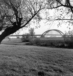 843324 Gezicht over de uiterwaarden op de verkeersbrug over de Lek bij Vreeswijk.